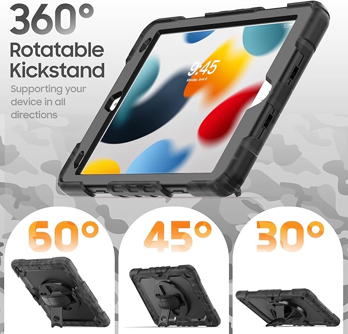 Case for iPad 9th/ 8th/ 7th Generation 10.2'' Shockproof 360° Rotating Hand Strap &amp Kickstand Protective Cover with Screen Pencil Holder for iPad 10.2 inch 2021-2019 Camo Black