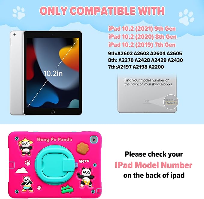 Case for iPad 9th/8th/7th GenerationCute 3D Cool Panda Warrior Design Cover with Screen Protector Rugged Protective Cartoon Case with Stand/Strap/Pen Slot for iPad 10.2 Kids Teens (Rose+Mint)