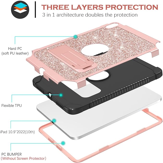 YINLAI Case for iPad 10th Generation iPad Case 10th Generation 2022 10.9-Inch Kid Girl Women Slim Stand Glitter Bling Shockproof Protective Cover for iPad 10th Gen A2696/A2757/A2777 Rose Gold/Pink