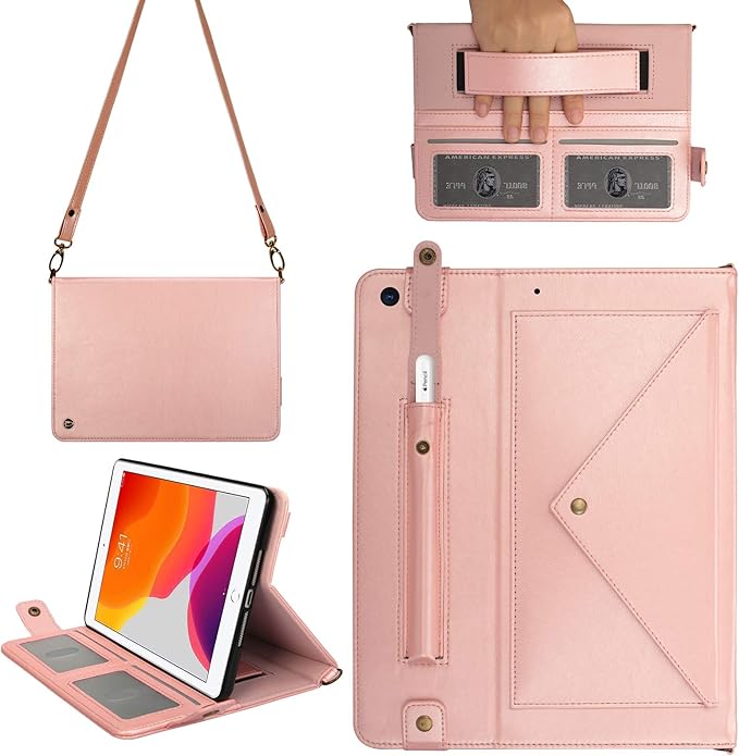 7.9-inch iPad mini Case with Pencil Holder Techcircle Smart Folio Stand PU Leather Crossbody iPad mini Series Cover with Hand Strap Multiple Card Slots Envelope Pocket Wallet Case Rose Gold