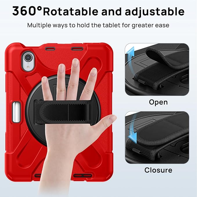 Gerutek Case for iPad mini 7 (A17 Pro) 2024/Mini 6 2021 8.3 inch Shockproof Cover for iPad mini 7/6th Generation with Screen Protector 360° Rotating Stand Hand/Shoulder Strap Pencil Holder Red