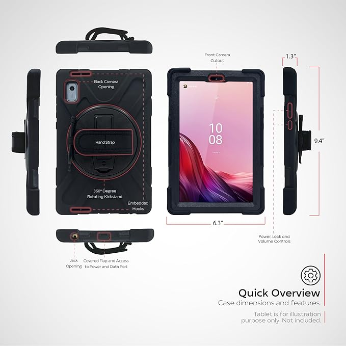 CTA Digital Protective Tablet Case - Protective Case with Built-in 360° Rotatable Grip Kickstand for Lenovo M9 Tablet - Black (PAD-PCGKKM9)