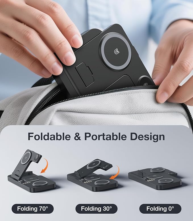 Foldable Magnetic Dual Phone Charging Station 30W Wireless Charger Stand with Clock &amp Night Light Fast Mag-Safe Charger for iPhone 17/16/15/14 Pro Max Plus Air AirPods and Apple Watch