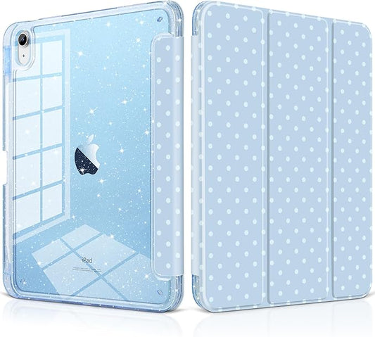 DONGKE for iPad Pro 11 inch Case – Fits M5 2025 / M4 2024 Shockproof Sparkling Glitter Acrylic Back Pencil Holder Trifold Stand Auto Sleep/Wake &amp Touch ID Support - Blue Polka Dot