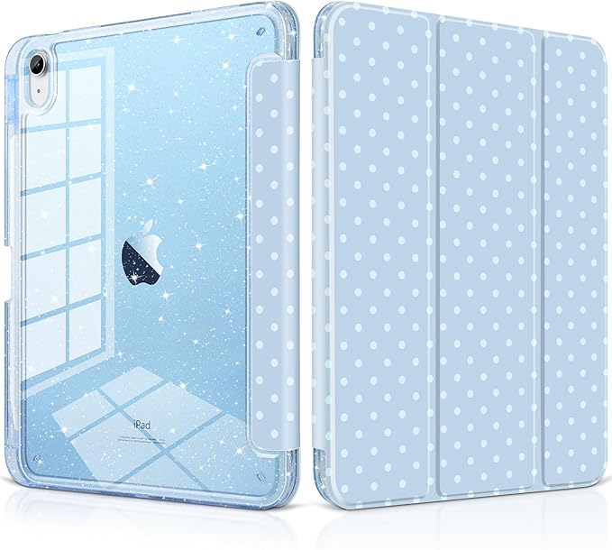 DONGKE for iPad Case 9th/8th/7th Generation 10.2 Inch (2021/2020/2019) Shockproof Glitter Acrylic Back with Trifold Stand Pencil Holder &amp Auto Sleep/Wake - Blue Polka Dot