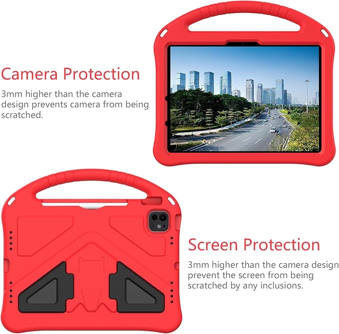 Kids Case for iPad Pro 11-inch (M5) 2025/(M4) 2024 Air 11 2026 M4/M3/M2 Case with Pencil Holder Techcircle Lightweight Shockproof EVA Foam Handle Stand Anti-Slip Grip Rugged Cover Red