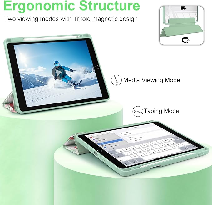 DONGKE for iPad 9th/8th/7th Generation Case 10.2 Inch (2021/2020/2019) [Auto Sleep/Wake &amp Pencil Holder] Clear Acrylic Back Trifold Stand Cover Green Cherry