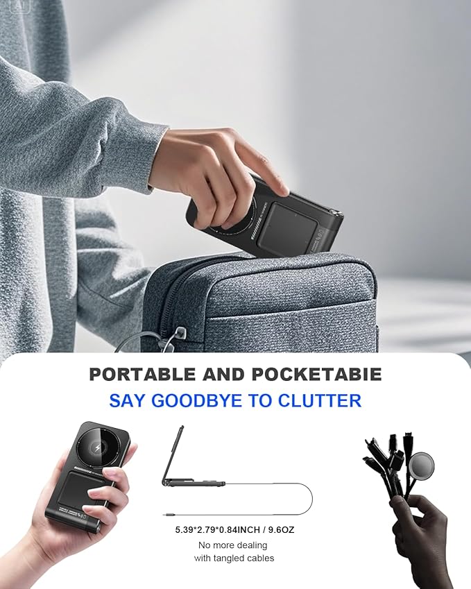 3 in 1 Magnetic Wireless ChargerFoldable Charging Station Built-in Retractable Cable15W Portable Wireless Charging Stand for iPhone 16 15 14 13 12Apple WatchAirPods (20W Adapter) (Black)