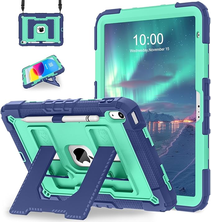 WESOROL Case for iPad A16 11th Generation 11 Inch (2025) iPad 10th Generation 10.9 Inch (2022)i Pad A16 Case Military Grade Shockproof Cases with Pencil Holder Shoulder StrapNavy Mint