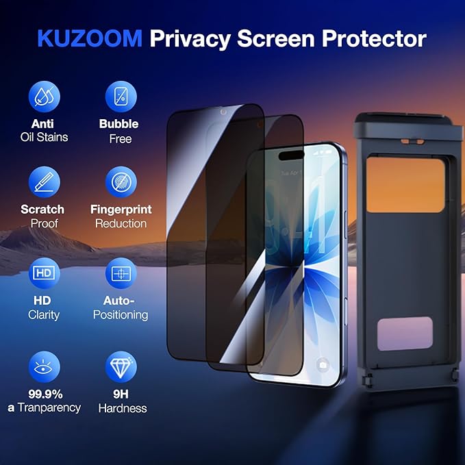 2 Pack 28° Privacy Screen Protector for iPhone 17/16 Pro [6.3 Inch] Anti Spy Private 9H+ Tempered Glass Shatterproof Anti-Scratch Protective Film with Auto-Alignment Installation Frame