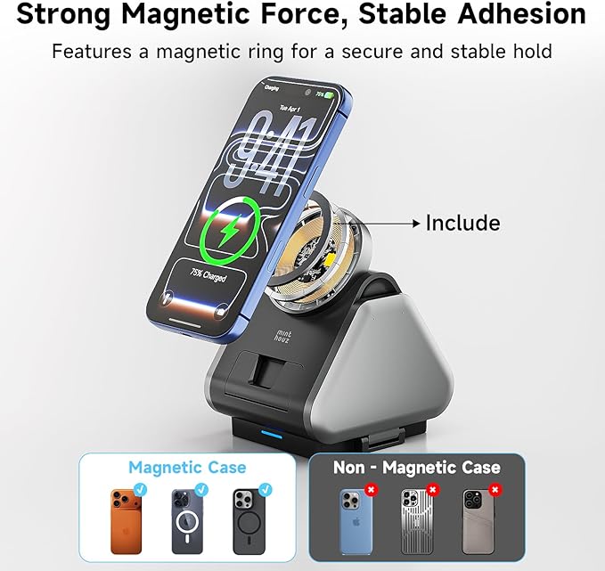 3 in 1 Charging Station Mag Safe Wireless Charger Stand Qi2-enable 15W Multiple Device Magnetic Charging Station for iPhone 1615141312 Series Apple Watch AirPods (USB-C Charger Included)