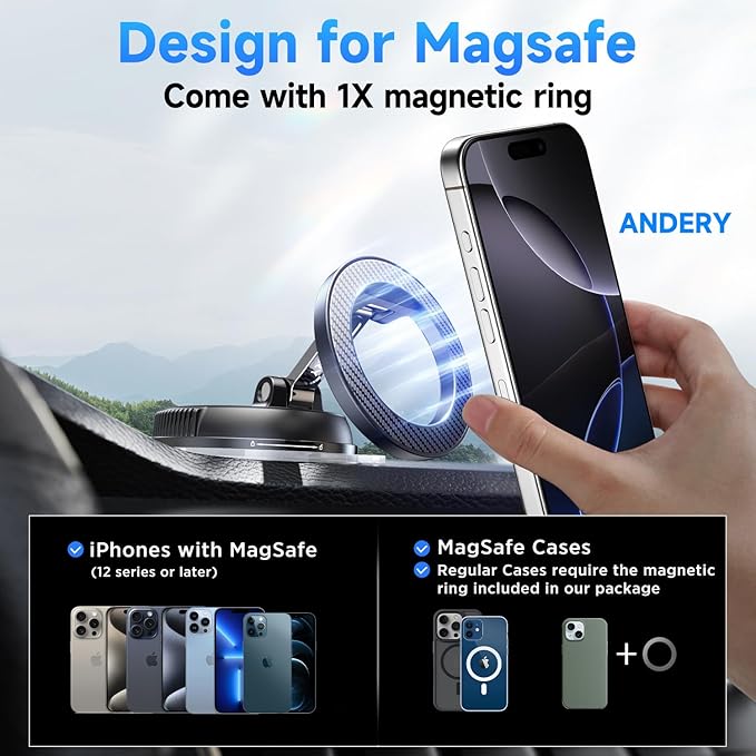 ANDERY Car Phone Holder for Magsafe [78+LBS Strongest Suction &amp 2400gf Magnetic] 360° Adjustable Car Phone Mount Phone Holders for Your Car for iPhone 17-12 Pro Max Plus Air Carbon Fiber