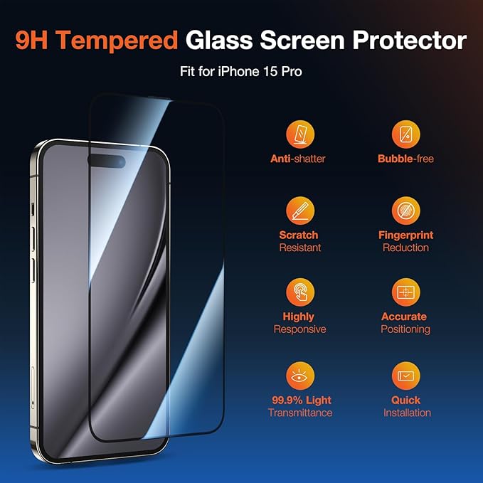 2 Pack HD Clear Screen Protector for iPhone 15 Pro 9H+ Tempered Glass Anti-Scratch Film Easy Installation Auto Alignment Dust Removal Military-Grade Protection Bubble-Free