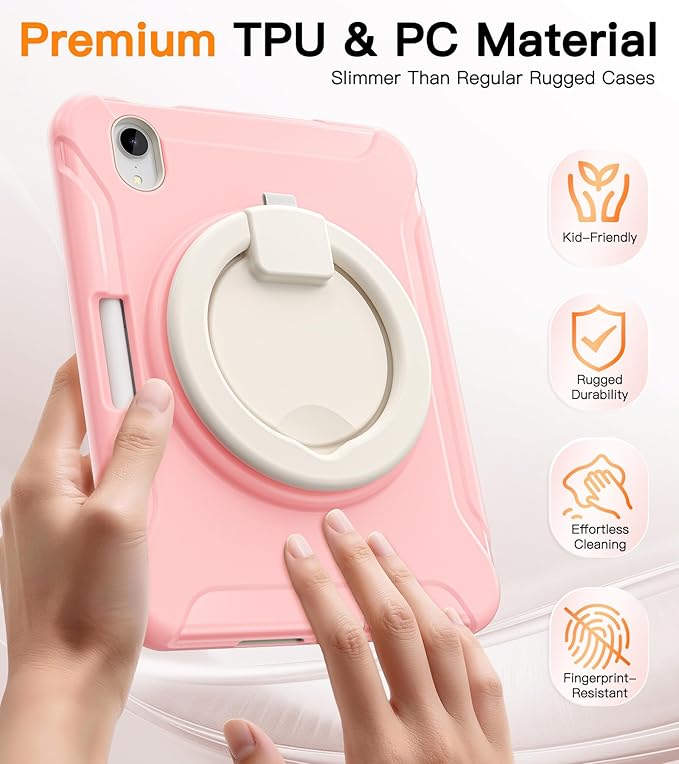BATYUE Shockproof Case for iPad mini 7 (A17 Pro)/ Mini 6 8.3 inch (2024/2021) - 360° Multi-Angle Stand (Portrait &amp Landscape) &amp Grip Built-in Pencil Holder Pink