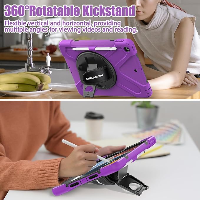 BRAECNstock for Apple iPad 9th/ 8th/ 7th Generation Case 10.2 Shockproof Protective Kids Case with Screen Protector Pencil Holder Rotating Stand+Hand Strap Shoulder Strap Purple
