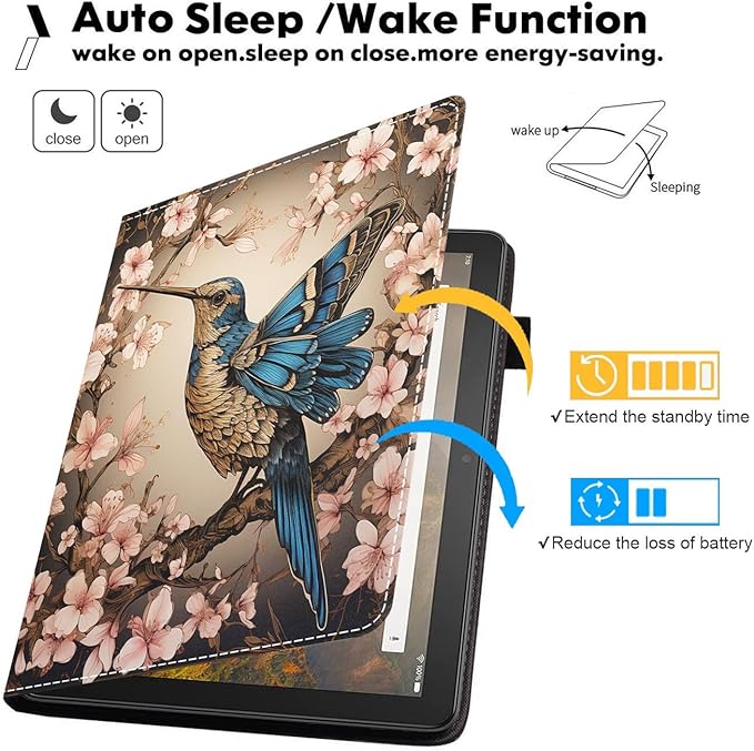 Case for All-New Amazon Kindle Fire HD 10 &amp 10 Plus Tablet (13th/11th Generation 2023/2021 Release) 10.1 - Premium PU Leather Stand Cover with Smart Auto Wake - Hummingbird