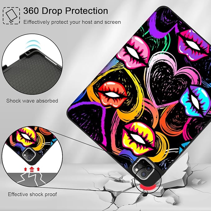 Mektron for iPad Pro M2 11-inch 4th/ 3rd/ 2nd/ 1st Gen Case 2022 2021 2020 2018 with Pencil Holder Tablet Cover with Soft TPU Back Cover for 11 inch iPad Pro Colorful Lips