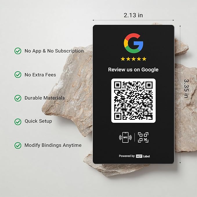 HotLabel Review Card 5-Pack + For Boosting Business Reviews + Black + NFC Tap &amp QR Code + Supports 5 Different Stores or Same + All Phones Compatible + No App/Subscription