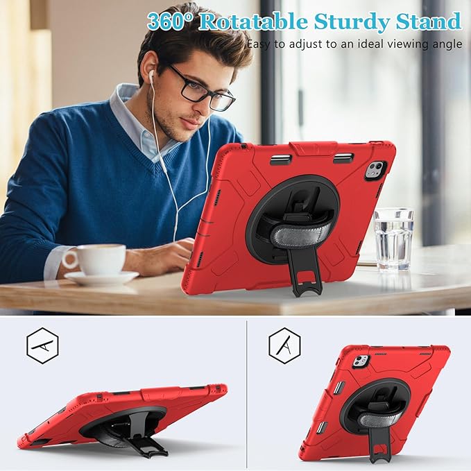 Case for iPad Pro 13 Inch M5 2025/ M4 2024: Military Grade Cover for iPad Pro 13 with Screen Protector - Stand - Handle - Shoulder Strap - Pencil Holder- Red