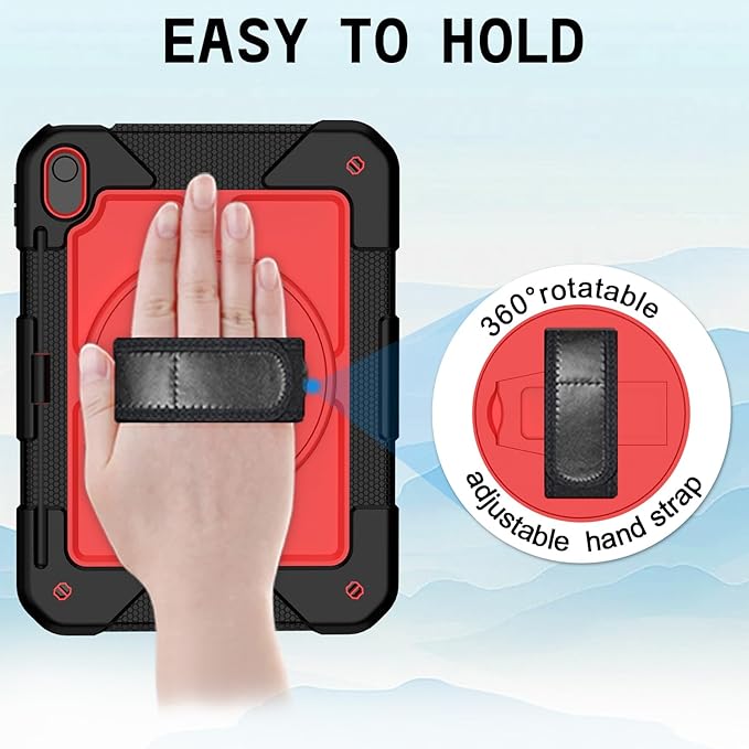 MENZO Case for iPad A16 11th Generation 11 Inch 2025 iPad 10th Gen 2022 10.9 inch 360° Rotating Stand Built-in Pencil Holder Convenient Hand and Shoulder Strap Durable Shockproof Black+Red