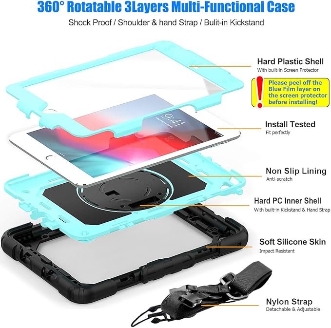 SEYMAC stock Case for iPad mini 5/4 with Screen Protector Pencil Holder [360 Rotating Hand Strap] &amp Stand Drop-Proof Case for iPad mini 5th/4th Generation 7.9 inch (SkyBlue+Black)