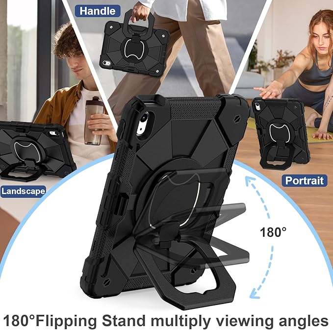 Case for iPad (A16) 11th Generation 11 Inch (2025) / iPad 10th Generation Case 10.9 Inch (2022) with 360° Rotating Stand Screen Protector Pen Holder Shoulder Strap Black