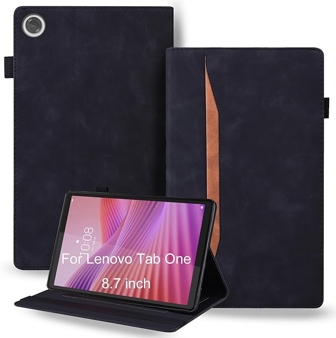 Shockproof Case for Lenovo Tab One 8.7 inch 2025 Model - Retro PU Leather + TPU Hybrid Protective Cover with Anti-Slip Grip Strap &amp Card Slots -Black