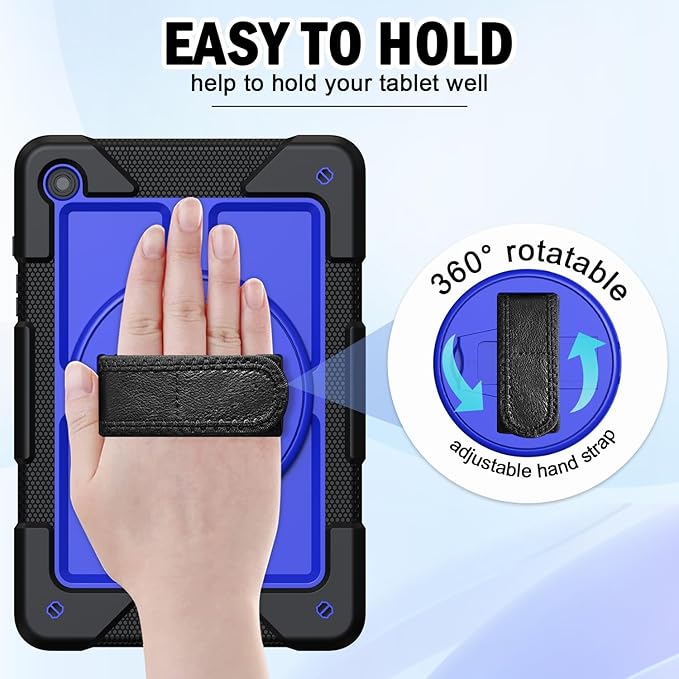 BMOUO for Samsung Galaxy Tab A9+ Plus Case 11 2023 (SM-X210/X216/X218) Shockproof Galaxy Tab A9 Plus Case with Rotating Stand and Hand/Shoulder Strap Deep Blue and Black