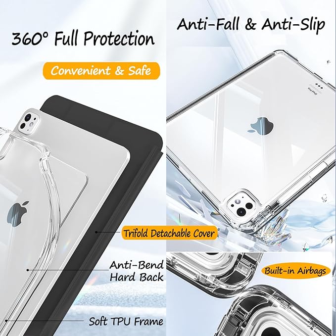 Slim Case for iPad Pro 11 Inch 4th/3rd/2nd Generation (2022/2021/2020) Clear Case with Pencil Holder Slide to Separate Auto Sleep/Wake Detachable Trifold with Stand Leather Cute Cover (Black)