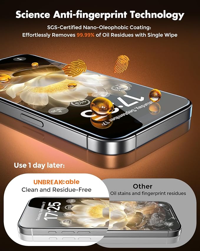 UNBREAKcable iPhone 15 Pro Max Screen Protector [3-Pack] Tempered Glass with Auto-Align Tech for Easy Install 9H+ Hardness Anti-Fingerprint Ultra-Clear Full-Coverage Protection 6.7-Inch