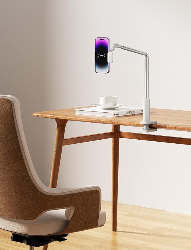 JSAUX Phone Holder for Desk and Bed Compatible with iPhone 16 15 14 13 12 Overhead Phone Mount Gooseneck Phone Stand Flexible 360 Lazy Long Arm Clamp Clip for Table Bedside [1-Pack White]