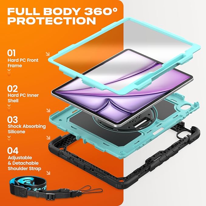 SEYMAC stock Case for iPad Air 13-inch M4-M2 2026-2024 (Gen 8-6) Shockproof Heavy Duty Case with Screen Protector Pencil Holder Rotating Stand Hand Strap Shoulder Strap SkyBlue