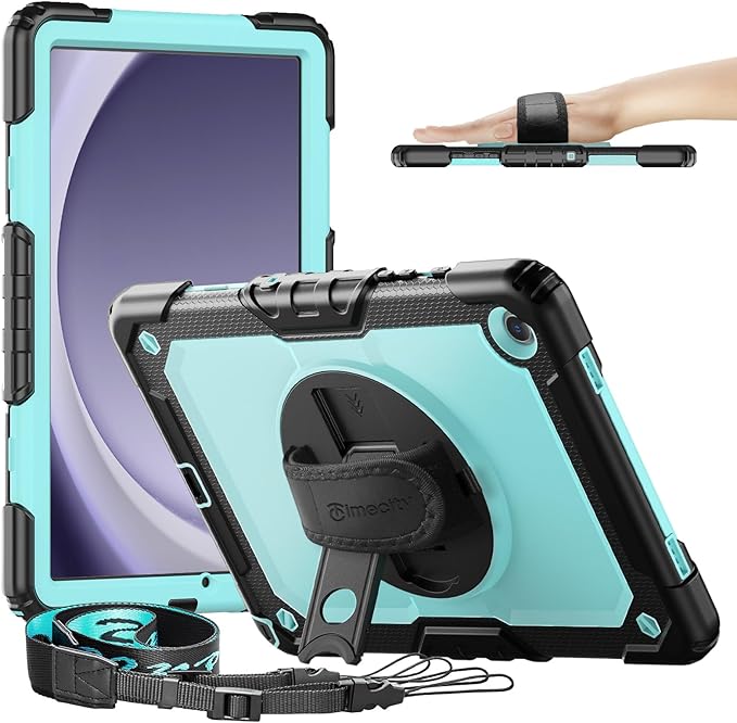 Timecity for Samsung Galaxy Tab A9 Plus Case 11 inch 2024 (SM-X210/X216/X218) Shockproof Sturdy Protection Case with Screen Protector 360° Rotating Stand Handle/Shoulder Strap- Light Blue