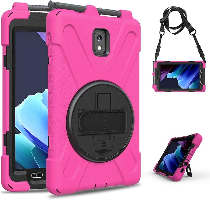 Case for Samsung Galaxy Tab Active 3 8 T570 T575 T577 Heavy Duty Shockproof Rugged 3 Layer Kids Durable Case with 360 Swivel Kickstand Shoulder Strap &amp Hand Strap (Rose Red)
