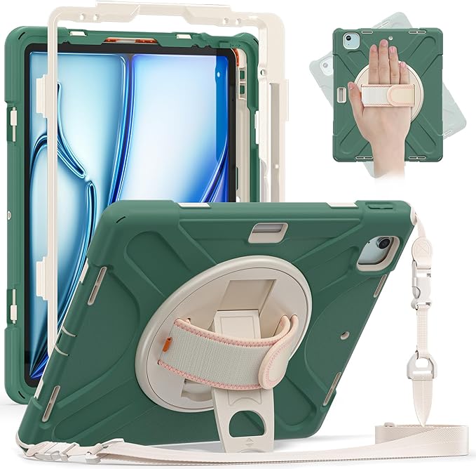 for iPad Air 13-inch M2 (2024) A2898/A2899 for iPad Pro 12.9 Rugged Case Portable Heavy Duty Shock-Proof Armor Cover with Swivel Kickstand/Hand Grip Shoulder Strap Pencil Holder(Sage Green)