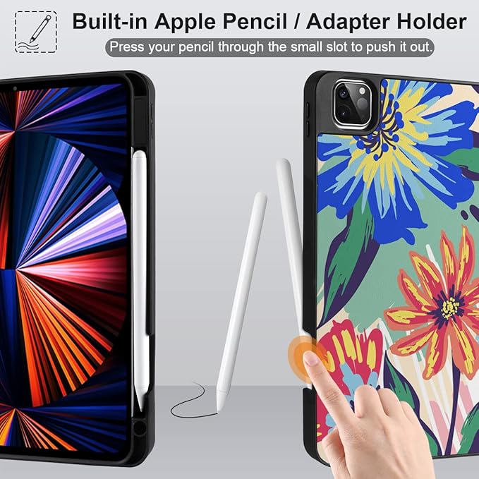 MEEgoodo for iPad Pro M2 12.9 Case 6th/5th/4th/3rd Generation 2022 2021 2020 2018 with Pencil Holder Tablet Cover with Soft TPU Back Shell Art Painted Flowers