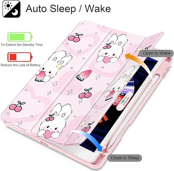 for iPad 9th Generation with Pencil Holder iPad 8th/7th Gen Case 10.2-inch [Built in Pencil Holder] Trifold Stand Auto Wake/Sleep Clear TPU Protection Back Cover Rabbit &amp Strawberry