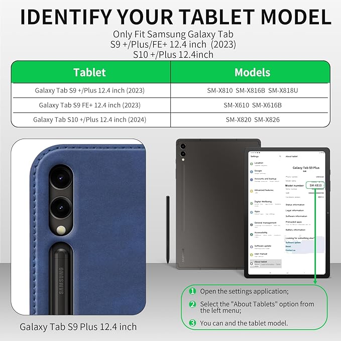 for Samsung Galaxy Tab S9 FE+/S9 Plus/S10 Plus+ 12.4 inch Case 2023/2024(Model:SM-X820/X810/X610) Leather Protective Shell Protection Cover with S Pen HolderAuto Sleep/Wake.Blue