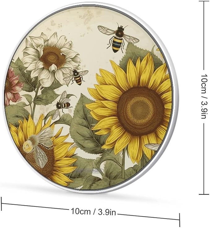 Bees Sunflowers Daisy Rose Flowers Wireless Charger Fast Wireless Charging Pad with USB Cable 10W Anti-Slip Magnetic Wireless Charger Portable Slim Charger Puck Travel Charging Station