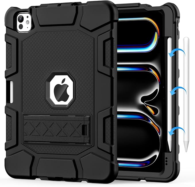 Case for iPad Pro 11 Inch Case (M5 2025/ M4 2024) with Pencil Holder Built-in Stand Military Grade Shockproof Protective Cover for iPad Pro 11 Black
