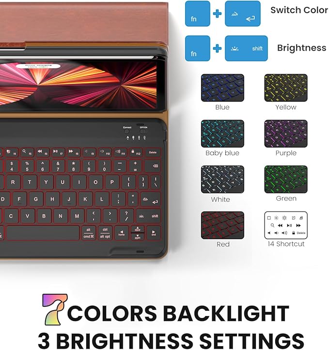 Leather Keyboard Case for iPad Air 5th 4th Generation 10.9 inch Pro 11 1st/2nd/3rd/4th 7 Color Backlight BT Keyboard Folio with Pencil Holder 2022 2021 2020 2018 (Brown)