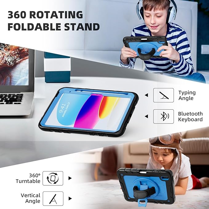 Case for iPad 10th Generation 10.9inch 2022with Built-in Screen Protector and KickstandHand StrapShoulder Strap for New Apple iPad 10.9 Inch(Black/Blue)