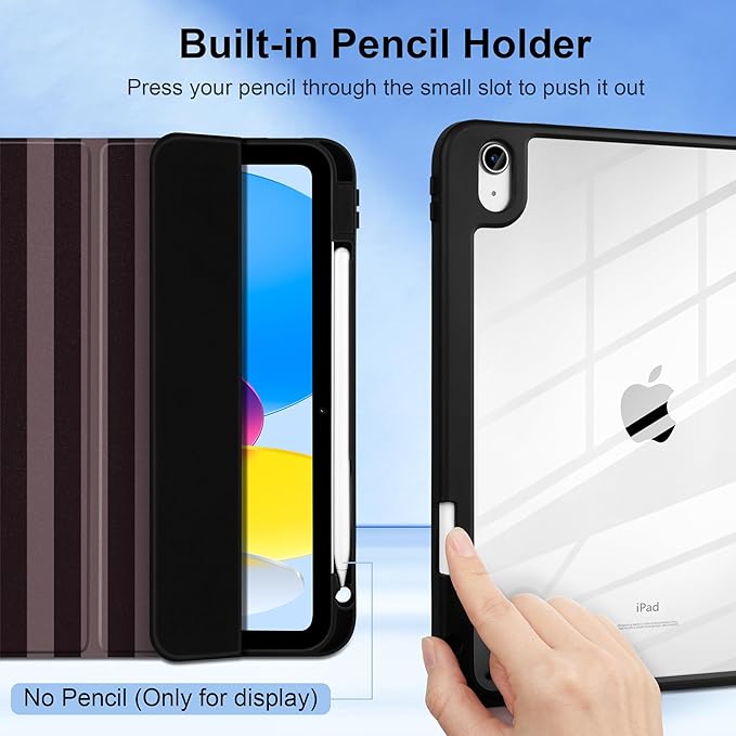 DONGKE Case for iPad (A16) 11th Generation 11 inch 2025 &amp iPad 10th Gen 10.9 inch 2022 [Built-in Pencil Holder] Clear Acrylic Back Trifold Stand Smart Cover Auto Sleep/Wake Brown Stripes