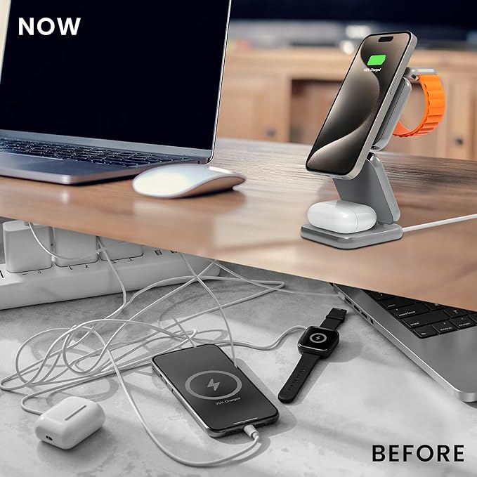 MALOM S21 Aluminum 3 in 1 Magnetic Fordable Wireless Charger for iPhone 17/16/15/14/13/12/Pro/Pro Max Apple Watch 1-9/ultra 1-2 AirPod 2/3/Pro/Max [Include Type A-C Cable &amp 20W Adapter &amp Case