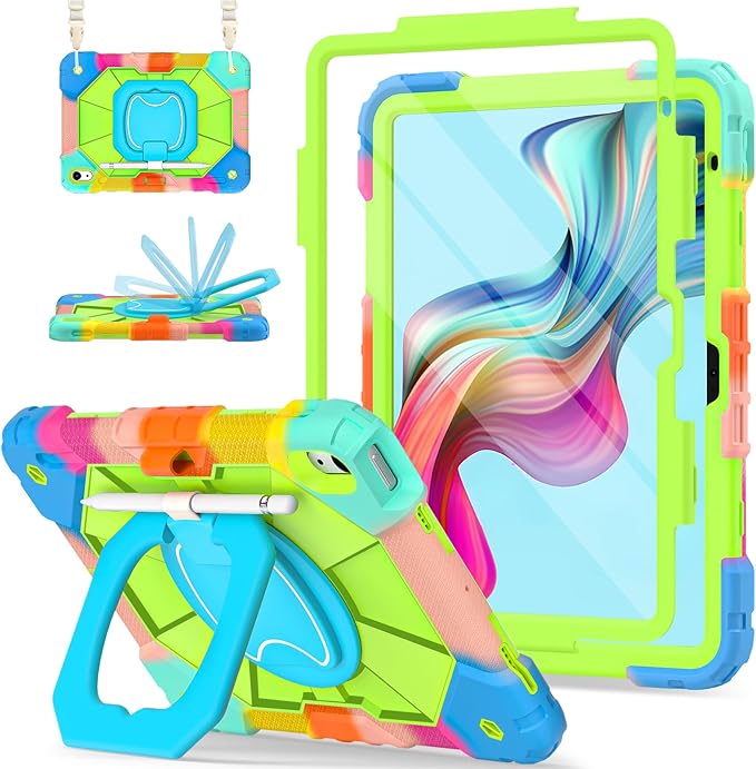 Case for iPad (A16) 11th Generation 11 Inch (2025) iPad 10th Generation Case 10.9 Inch (2022) Shockproof Cover with 360° Rotating Stand Screen Protector Pen Holder Shoulder Strap Green