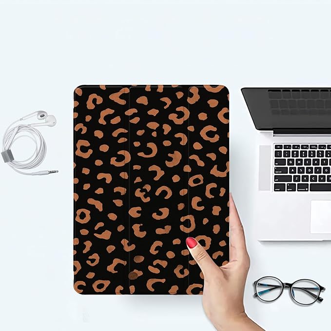 Retro Brown Leopard Print Case for iPad mini 7th(A17 Pro) 2024 / Mini 6th Gen 8.3 2021 Protective CasePencil Holder &amp Clear Back &amp Trifold Stand Cover for Women