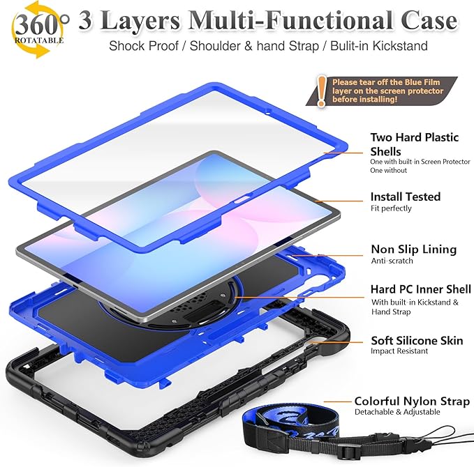 SEYMAC stock Case for Samsung Galaxy Tab S10 FE+ Plus 5G Tablet Case 13.1'' Protective with Screen Protector Pen Holder 360 Rotate Stand Hand Strap Shoulder Strap Blue1