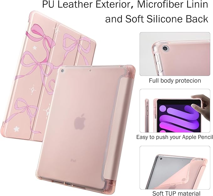 Idocolors Case for iPad 11 inch (A16 Chip) 2025 Generation 11th / iPad 10.9 inch 2022 10th Gen Built-in Pencil Holder with Soft TPU Shockproof Back Shell Auto Wake/Sleep Pink Ribbon Bow-Pink