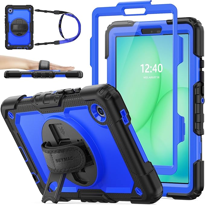 SEYMAC stock Case for Samsung Galaxy Tab A11 8.7'' Full-Body Drop Protection Case with Screen Protector Pencil Holder [360° Rotating Hand Strap] &ampStand Blue+Black