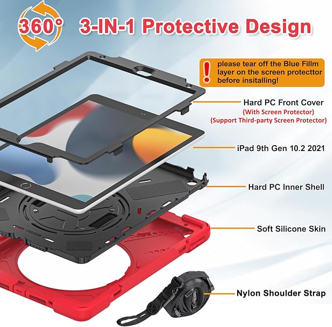 BRAECNstock for Apple iPad 9th/ 8th/ 7th Generation Case 10.2 2021/2020/2019 Shockproof Protective Case with Screen Protecter Pencil Holder 360° Rotating Stand+Hand Strap Shoulder Strap Red
